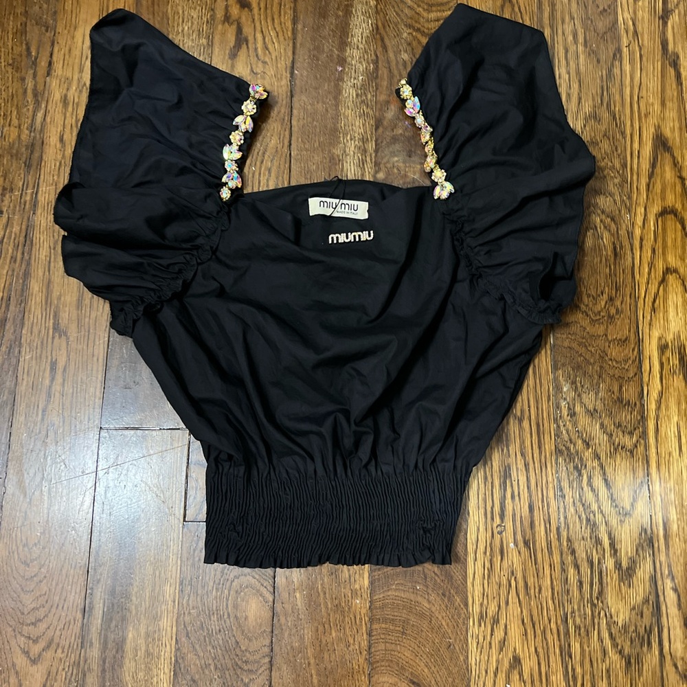 Miu Miu Black Puff Sleeve Jeweled Crop Top